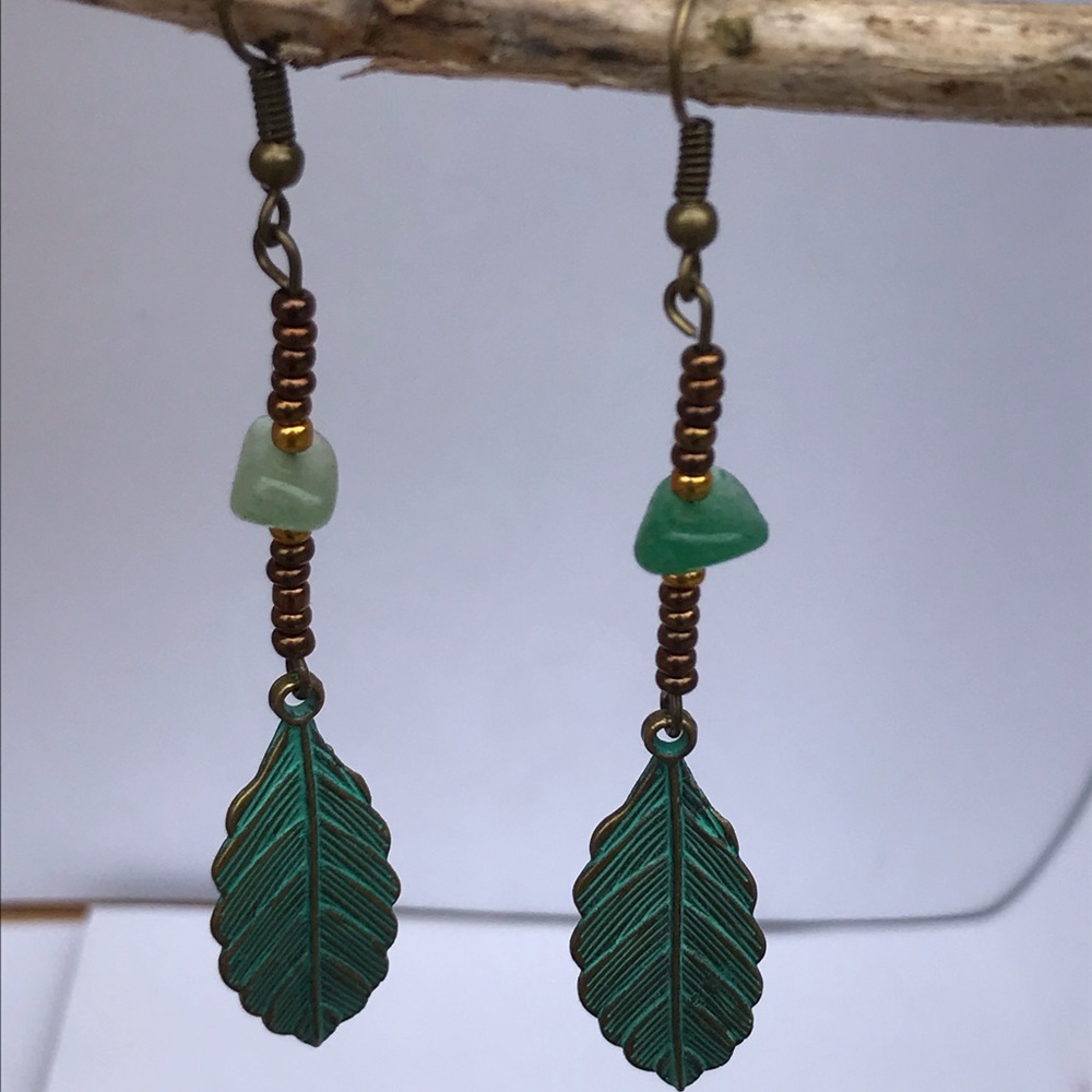 Handmade dangle earrings, seed bead & leaf